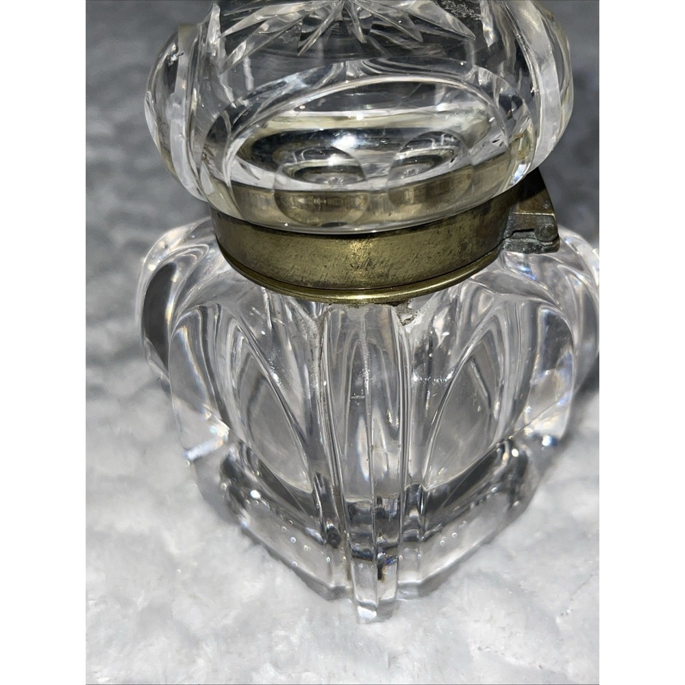Antique Crystal Cut Glass Inkwell Asprey‎ Co. ?   Brass Hinged Lid 19th Century - Picture 3 of 11